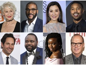 This combination photo shows, top row from left, Helen Mirren, Tyler Perry, Michelle Yeoh, Michael B. Jordan and bottom row from left, Paul Rudd, Brian Tyree Henry, Danai Gurira and Michael Keaton, who will serve as presenters at the 91st Annual Academy Awards on Sunday. (AP Photo)