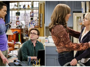 This combination of photos released by CBS shows, from left, Jim Parsons and Johnny Galecki in a scene from the comedy series "The Big Bang Theory," and Allison Janney and Anna Faris, right, in a scene from the comedy series "Mom," two successful network shows by Chuck Lorre. (CBS via AP)