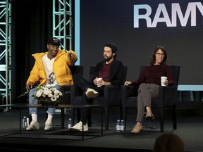 FILE - In this Feb. 11, 2019 file photo, Jerrod Carmichael, from left, Ramy Youssef and Bridget Bedard participate in the "Ramy" panel during the Hulu presentation at the Television Critics Association Winter Press Tour in Pasadena, Calif. Carmichael lamented what he called the "terrible" state of TV comedy, asked his audience if they'd seen some of it.