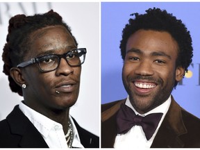 This combination photo shows Young Thug, born Jeffery Lamar Williams, at the 3rd Annual Diamond Ball in New York on Sept. 14, 2017, left, and Donald Glover, who performs as Childish Gambino, at the 74th annual Golden Globe Awards in Beverly Hills, Calif. on Jan. 8, 2017. Young Thug, a co-writer of "This Is America," made history alongside Childish Gambino when the social-political hit became the first hip-hop track to win the song of the year at the Grammy Awards. (AP Photo)