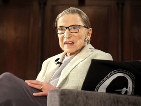 FILE - In this Dec. 15, 2018 file photo, Supreme Court Justice Ruth Bader Ginsburg appears at an event organized by the Museum of the City of New York with WNET-TV held at the New York Academy of Medicine in New York. Filmmakers from the Oscar nominated "RBG" film have been collecting signatures and get-well notes from Hollywood A-listers to Supreme Court Justice Ruth Bader Ginsburg, who is recovering from lung cancer surgery.