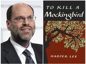 This combination photo shows Hollywood and Broadway producer Scott Rudin at The National Board of Review Motion Pictures awards gala in New York on Jan. 11, 2011, left, and the cover of Harper Lee's "To Kill a Mockingbird." Dozens of community and non-profit theaters across the U.S. have been forced to abandon productions of "To Kill a Mockingbird" under legal threat by Rudin. The combative move has prompted calls for a boycott of Rudin's work. Rudin is arguing that author Harper Lee signed over exclusive worldwide rights to the title of the novel and that Rudin's current adaptation on Broadway is the only version allowed to be performed. (AP Photo/Evan Agostini, File)