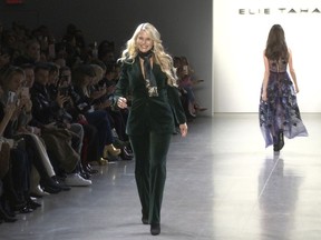 This image taken from video shows model Christie Brinkley walking the runway at the Elie Tahari show during Fashion Week in New York on Thursday, Feb. 7, 2019.