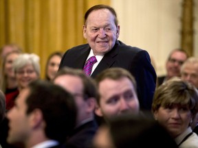 FILE - In this Nov. 16, 2018, file photo, Las Vegas Sands Corporation Chief Executive and Republican mega donor Sheldon Adelson, stands as he is recognized by President Donald Trump during a Medal of Freedom ceremony in the East Room of the White House in Washington. Casino magnate and GOP donor Adelson is not in good health and has not being at his company's offices in Las Vegas since around Christmas Day. Las Vegas Sands Corp. on Thursday, Feb. 28, 2019, did not immediately respond to a request for comment. Attorney James Jimmerson told the court the condition of the 85-year-old billionaire is dire.