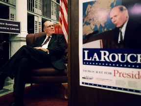 FILE - In this Nov. 12, 2003, file photo, Democratic presidential candidate Lyndon LaRouche Jr. awaits his introduction before speaking at the New Hampshire State Library in Concord, N.H. Fitting for a man who saw so much darkness in the world, LaRouche died on the fringes Tuesday, Feb. 12, 2019, his name little known to anyone under 50, his death rumored online a day before mainstream outlets confirmed it. His influence, however, will surely outlast him.