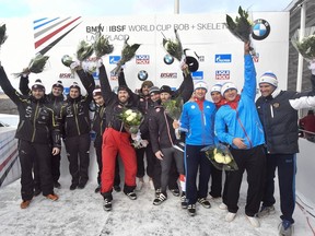 From left, Oskar Kibermanis, Matiss Mikis, Arvis Vilkaste, Janis Strenga, of Latvia; Justine Kripps, Ryan Sommer, Cameron Stones, Benjamin Coakwell, of Canada; Maxim Andrianov, Aleksey Zaytsev, Vasily Kondratenko, Rusian Samitov; of Russia celebrate during the flower ceremony after a men's bobsled World Cup competition in Lake Placid, N.Y., Saturday, Feb. 16, 2019. Canada won gold, Latvia silver and Russia bronze.