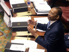 FILE- In this June 24, 2011 file photo, Sen. Ruben Diaz, Sr. , D-Soundview, speaks during a session of the New York state Senate at the Capitol in Albany, N.Y. Diaz, who is currently a New York City Council member, said on a Spanish language radio program that the homosexual community controls most of the 51 council members. Diaz's comment prompted the openly gay Speaker of the city council to demand that the Bronx Democrat apologize to his colleagues and the LGBTQ community.