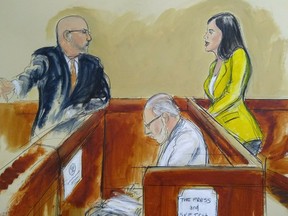 In this courtroom drawing, Emma Coronel Aispuro, right, wife of Joaquin "El Chapo" Guzman, confers with Eduardo Balarezo, Guzman's lead defense attorney during jury deliberations, Monday, Feb. 11, 2019, in New York. Jurors finished a fifth day of deliberations without a verdict on Monday at the U.S. trial of Guzman.