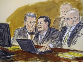 In this courtroom drawing, Joaquin El Chapo Guzman, center, listens to judge's answer to jury's question on Wednesday, Feb. 6, 2019, in New York. A jury at the U.S. trial of the infamous Mexican drug lord known as El Chapo has ended its third day of deliberations without a verdict. From left are an interpreter, Joaquin El Chapo Guzman, and attorney Eduardo Balazero. U.S. Marshals are seated behind the three men.