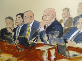 In this courtroom drawing, Joaquin "El Chapo" Guzman, second from left, seated with his defense attorneys, listens to testimony that was read back to the jury, Monday, Feb. 11, 2019, in New York. On its fifth day of deliberations, the jury asked to review law enforcement testimony about seizures of Colombian cocaine being shipped to the Sinaloa cartel to fuel a smuggling empire prosecutors say was under Guzman's command.