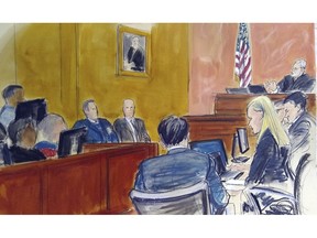 FILE - In this Monday Feb. 4, 2019 courtroom sketch, Judge Brian Cogan upper right, gives instructions to jurors in the trial of Joaquin "El Chapo" Guzman in New York. Guzman's defense attorney told The Associated Press on Thursday, Feb. 21, 2019, that he plans to ask a federal judge to ask jurors about a VICE News report this week that said several jurors followed media accounts of the three month-long trial. Jurors are instructed by the judge not to read or listen to media reports of the trial.