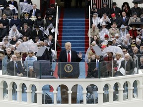 FILE- In this Jan. 20, 2017 file photo, President Donald Trump delivers his inaugural address after being sworn in as the 45th president of the United States during the 58th Presidential Inauguration at the U.S. Capitol in Washington. State authorities in New Jersey have subpoenaed a host of financial records from the committee that organized President Donald Trump's inauguration, Friday, Feb. 15, 2019.