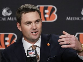 Cincinnati Bengals football head coach Zac Taylor speaks during a news conference, Tuesday, Feb. 5, 2019, in Cincinnati. After 16 years without a playoff win under Marvin Lewis, the Bengals decided to try something different. But they had to wait more than a month before hiring Zac Taylor as their next coach in hopes of ending a long streak of futility.