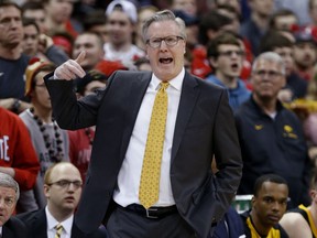 Iowa coach Fran McCaffery reacts to a call during the first half of the team's NCAA college basketball game against Ohio State in Columbus, Ohio, Tuesday, Feb. 26, 2019. Ohio State won 90-70.