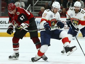 Arizona Coyotes left wing Lawson Crouse (67) competes with Florida Panthers defenseman Mark Pysyk (13) for the puck as Panthers defenseman Ian McCoshen (12) watches during the first period of an NHL hockey game Tuesday, Feb. 26, 2019, in Glendale, Ariz.