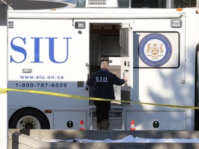 The Special Investigations Unit is on the scene of a police shooting at the Transit Centre in downtown Sudbury, Ont. on Monday April 2, 2018.