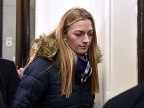 Czech tennis player Petra Kvitova leaves the Regional Court in Brno after giving a testimony during a trial with a man who is suspected of attacking her on Tuesday, Feb. 5, 2019. The burglar wounded Kvitova's hand with a knife and robbed her in her flat in Prostejov, 230 kilometres (143 miles) South East od Prague, in December 2016. (Vaclav Salek/CTK via AP) ** SLOVAKIA OUT **