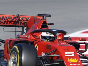 Ferrari driver Sebastian Vettel of Germany steers his car during a Formula One pre-season testing session at the Barcelona Catalunya racetrack in Montmelo, outside Barcelona, Spain, Wednesday, Feb. 27, 2019.