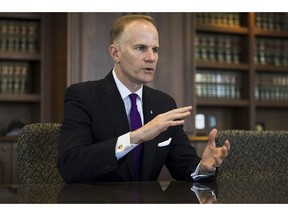 In this Oct. 17, 2018 photo, U.S. Attorney William McSwain speaks during an interview with The Associated Press in Philadelphia. McSwain has filed suit to stop a nonprofit from opening a safe injection site to address the city's opioid problem.