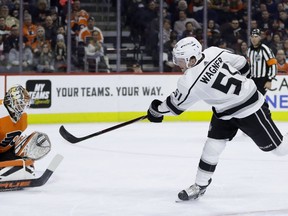Los Angeles Kings' Austin Wagner (51) cannot get a shot past Philadelphia Flyers' Anthony Stolarz (41) during the first period of an NHL hockey game, Thursday, Feb. 7, 2019, in Philadelphia.