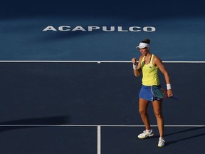 Brazil's Beatriz Haddad Maia pumps her fist to celebrate as she defeats Sloane Stephens of the U.S. at a Mexican Tennis Open round 2 match in Acapulco, Mexico, Wednesday, Feb. 27, 2019.