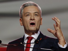 Robert Biedron addresses the founding convention of his new centre-left party "Wiosna" (Spring), in Warsaw, Poland, Sunday, Feb. 3, 2019.