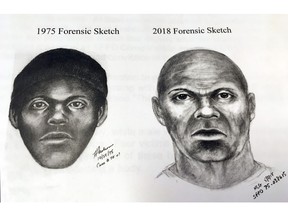 This pair of sketches provided by the San Francisco Police Department, Wednesday, Feb. 6, 2019, shows what a serial killer might look like now in a cold case involving at least five stabbing deaths of gay men in the mid-1970s in San Francisco. The killer was dubbed the "Doodler" after he told a person who later became a victim and survived that he was a cartoonist. It's one of several cases being re-examined after the capture last year of the "Golden State Killer" through DNA analysis. (San Francisco Police Department via AP)