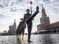 Russian honour guards march in Moscow's Red Square on Nov. 7, 2018, the 77th anniversary of the 1941 parade when Red Army soldiers marched to the front line to fight Nazi Germany troops during the Second World War.