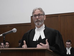 In this image grab, lawyer Mitch McAdam addresses the Saskatchewan Court of Appeal in Regina, Wednesday, Feb.13, 2019. McAdam, a lawyer for Saskatchewan's attorney general, says the provincial government does not dispute climate change. THE CANADIAN PRESS/HO-CBC MANDATORY CREDIT