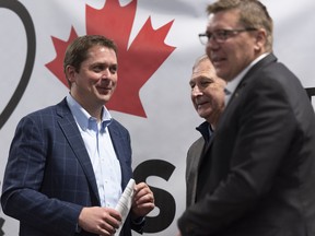 Conservative Leader Andrew Scheer, New Brunswick Premier Blaine Higgs, and Saskatchewan Premier Scott Moe, from left, after a pro-pipeline rally in Saskatchewan.