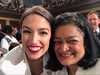 Rep. Pramila Jayapal poses in a selfie with Rep. Alexandria Ocasio-Cortez at the State of the Union address on Feb. 5, 2019. Both women wore white along with other Democratic representatives.