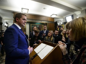 Conservative Leader Andrew Scheer holds a press conference in reaction to Jody Wilson-Raybould's appearance at the House of Commons Justice Committee on Parliament Hill in Ottawa on Wednesday, Feb. 27, 2019.