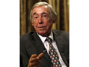FILE - In this Tuesday, Jan. 5, 2016 file photo former England goalkeeper Gordon Banks talks to the media at the Royal garden Hotel in London. English soccer club Stoke said Tuesday Feb. 12, 2019 that World Cup-winning England goalkeeper Gordon Banks has died at 81.