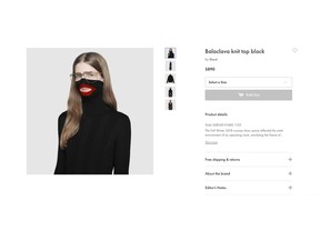 A screenshot taken on Thursday Feb.7, 2019 from an online fashion outlet showing a Gucci turtleneck black wool balaclava sweater for sale, that they recently pulled from its online and physical stores. Gucci has apologized for the wool sweater that resembled a "blackface" and said the item had been removed from its online and physical stores, the latest case of an Italian fashion house having to apologize for cultural or racial insensitivity. (AP Photo)