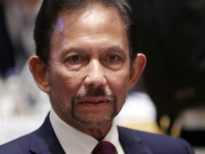 FILE - In this Oct. 18, 2018, file photo, Brunei's Sultan Hassanal Bolkiah attends a round table meeting at the ASEM 12 in Brussels. Southeast Asia's smallest nation is an absolute monarchy ruled by the wealthy, autocratic Sultan Hassanal Bolkiah, who is also prime minister, defense minister and finance minister. He has ruled through emergency decree since 1984 and the country's last election was in 1962.