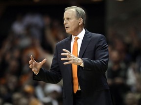 FILE - In this Jan. 23, 2019, file photo, Tennessee head coach Rick Barnes watches the action in the second half of an NCAA college basketball game against Vanderbilt in Nashville, Tenn. The Volunteers don't have a single top-100 recruit on their roster, yet they're ranked No. 1 and have a school-record 17 straight victories for the longest active winning streak of any Division I team.