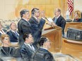 This courtroom sketch depicts former Donald Trump campaign chairman Paul Manafort, center, and his defense lawyer Richard Westling, left, before U.S. District Judge Amy Berman Jackson, seated upper right, at federal court in Washington, Friday, Sept. 14, 2018.