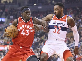 Toronto Raptors forward Pascal Siakam (43) and Washington Wizards forward Jeff Green (32) on Wednesday February 13, 2019.