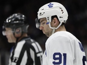 Toronto Maple Leafs center John Tavares waits for a faceoff during the second period of the Maple Leafs' NHL hockey game against his former team, the New York Islanders, Thursday, Feb. 28, 2019, in Uniondale, N.Y.