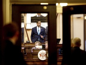 Lt. Gov. Justin Fairfax presides over the state Senate in Richmond, Va., on Thursday, Feb. 7, 2019. California college professor Vanessa Tyson has made an allegation of sexual assault against Fairfax. He has denied the allegations, casting them as a political smear.