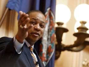 Virginia Lt. Gov. Justin Fairfax gestures during the Senate session at the Capitol in Richmond, Va., Thursday, Feb. 14, 2019.