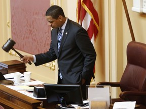 Virginia Lt. Gov. Justin Fairfax, gavels the session to order at the start of the Senate session at the Capitol in Richmond, Va., Friday, Feb. 8, 2019.