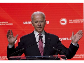 FILE - In this Jan. 24, 2019, file photo, Former Vice President Joe Biden speaks during the U.S. Conference of Mayors Annual Winter Meeting in Washington. Democratic presidential candidates are touting their support for "Medicare-for-all," higher taxes on the wealthy and a war on climate change. But foreign policy is largely taking a back seat. Biden is seizing on that opening to position himself as the global policy expert if he decides to run for president.