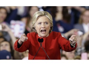 FILE - In this Nov. 8, 2016, file photo, then-Democratic presidential candidate Hillary Clinton speaks during a campaign rally in Raleigh, N.C.