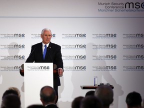 United States Vice President Mike Pence delivers his speech during the John McCain Dissertation Award Ceremony at the Bavarian State Parliament in Munich, Germany, Friday, Feb. 15, 2019. Pence arrived Thursday to attend the Munich Security Conference.