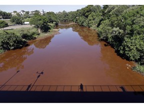 A view of the Paraobeba River in Brumadinho, Brazil, Friday, Feb. 1, 2019, polluted a week ago when a dam holding back mine waste collapsed. A Brazilian environmental group has begun testing river water in areas to measure the level of toxicity and assess risks to human and other forms of life.