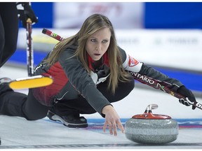 Ontario skip Rachel Homan delivers a rock as they play Saskatchewan in semifinal action at the Scotties Tournament of Hearts at Centre 200 in Sydney, N.S., on Sunday, Feb. 24, 2019.