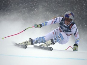 United States' Lindsey Vonn speeds down the course during the downhill portion of the women's combined, at the alpine ski World Championships in Are, Sweden, Friday, Feb. 8, 2019.