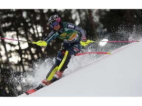 Sweden's Frida Hansdotter speeds down the course during an alpine ski, women's World Cup slalom, in Maribor, Slovenia, Saturday, Feb. 2, 2019.