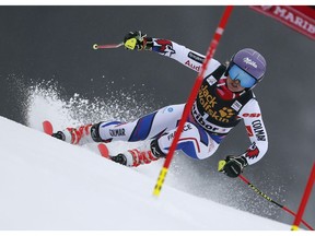 France's Tessa Worley speeds down the course during an alpine ski, women's World Cup giant slalom, in Maribor, Slovenia, Friday, Feb. 1, 2019.